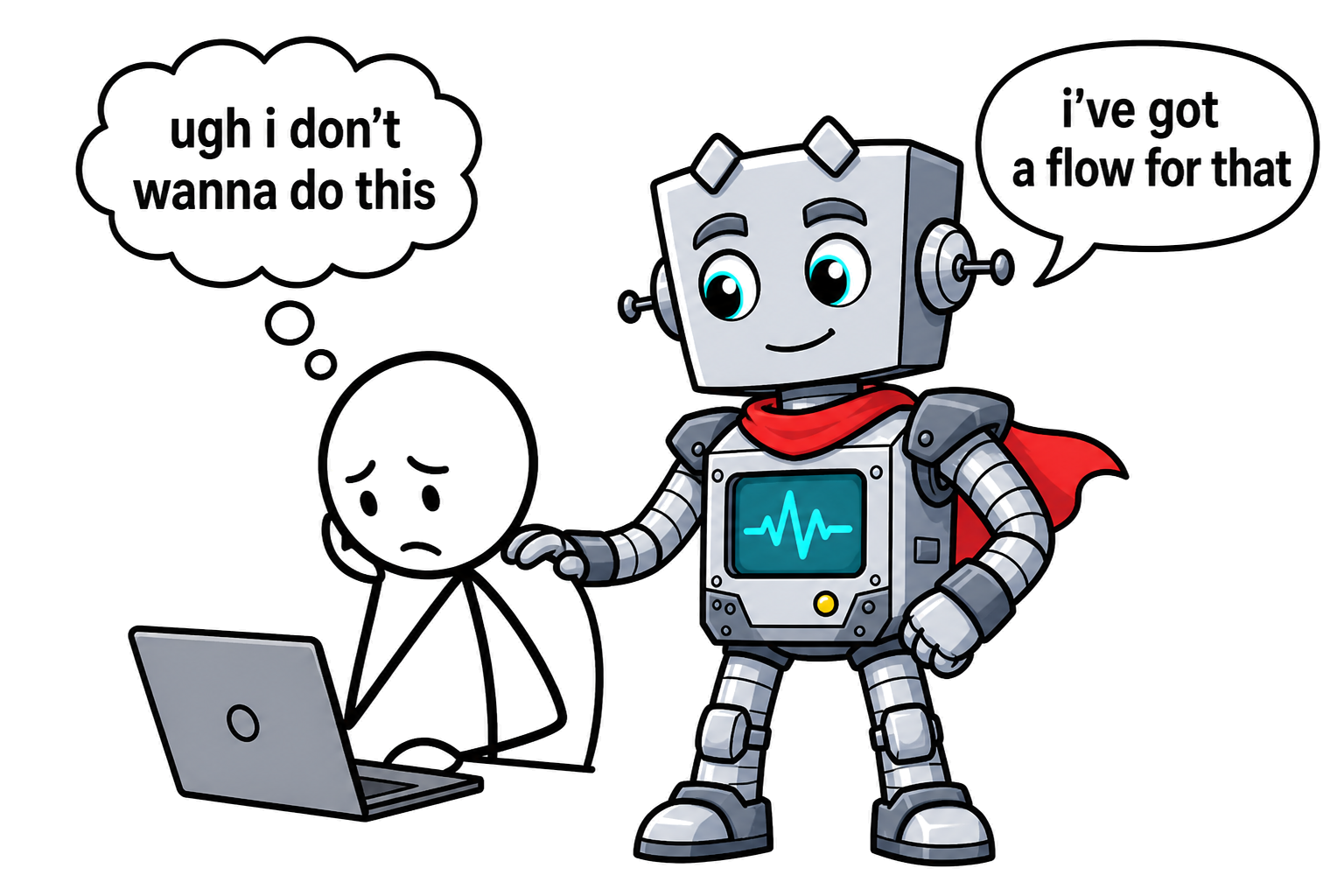 Stick figure at laptop thinking ugh I don't wanna do this, Daywinner bot with cape putting a hand on his shoulder saying I've got a flow for that