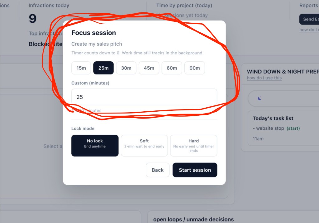 Focus session length options